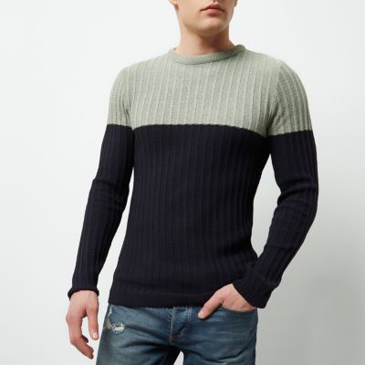 Light green ribbed knit colour block jumper